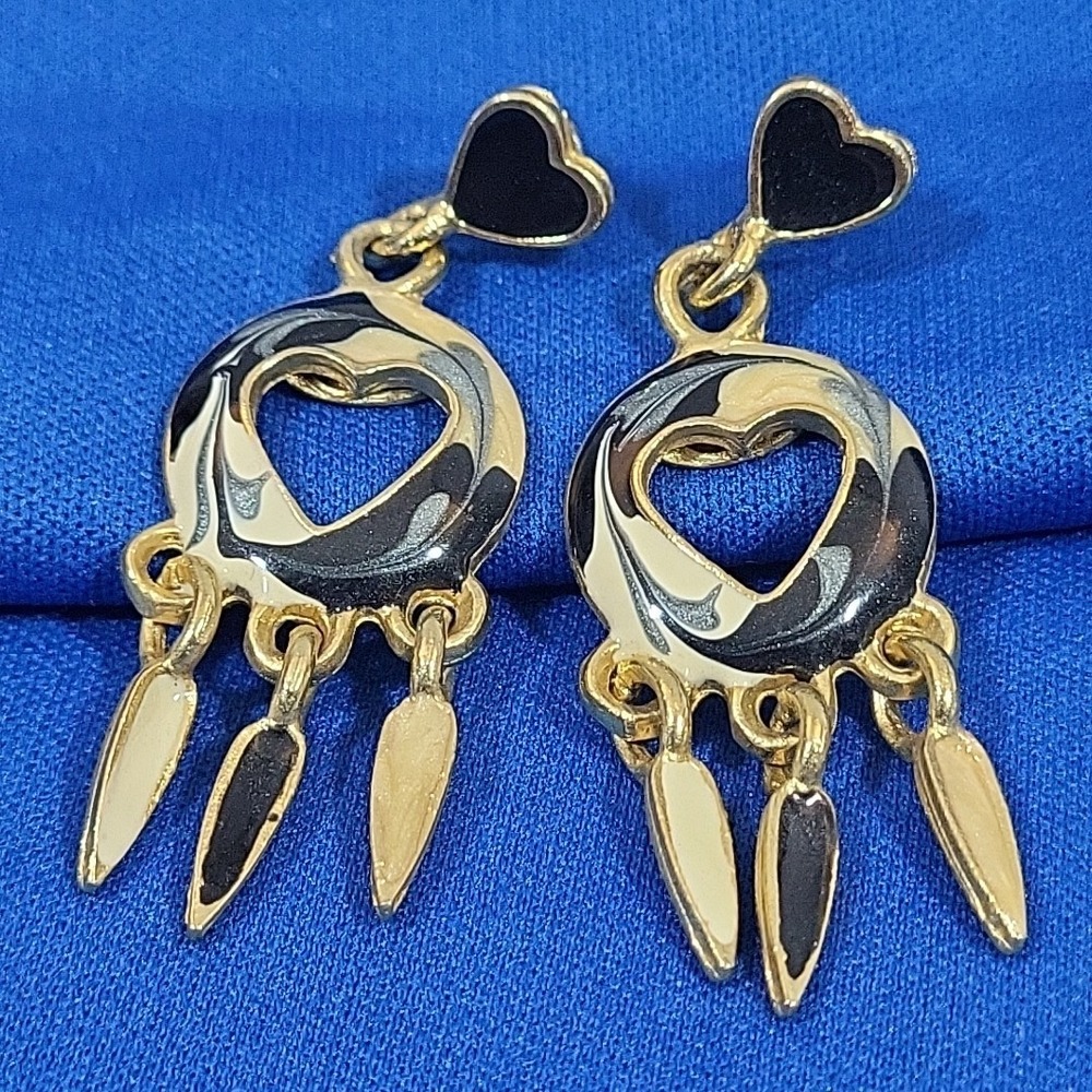 Vintage 80s Heart Dangle Earrings Gold Tone Black Enamel Swirl Made In USA